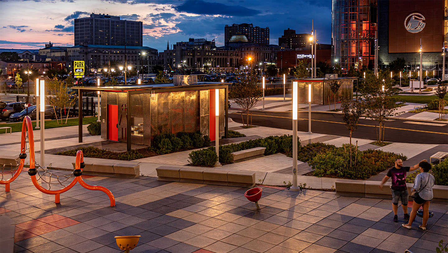 Playground and seating area lit by Lumistik luminaires